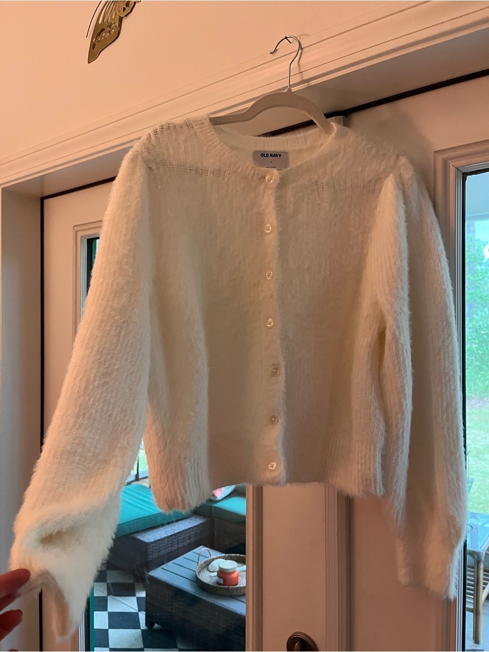 Old Navy Ivory Eyelash Knit Cardigan Sweater Large Soft Cozy Pearl Buttons